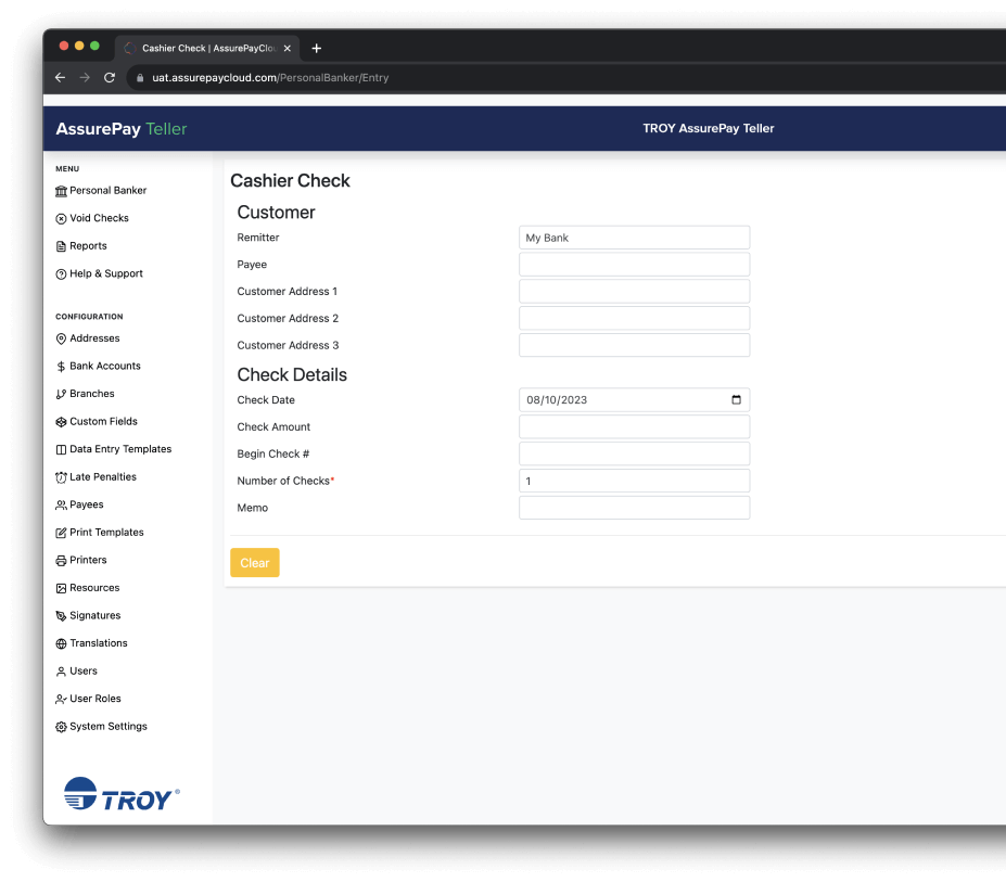 Software de impressão de cheques AssurePay Teller 