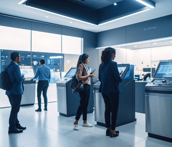 Clientes de bancos a ajudarem-se com máquinas bancárias automatizadas