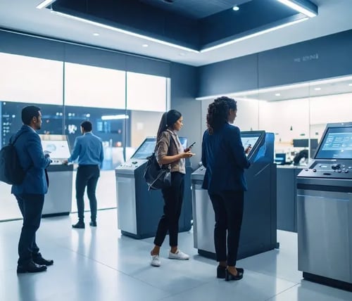 Pessoas numa agência bancária futurista sem dinheiro