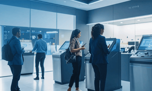 Agência bancária futurista com máquinas de auto-atendimento