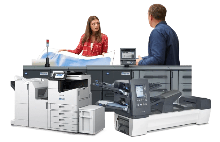 Profissionais de impressão e correio do Estado por detrás de uma colagem de impressoras MICR TROY seguras e máquinas de correio Pitney Bowes