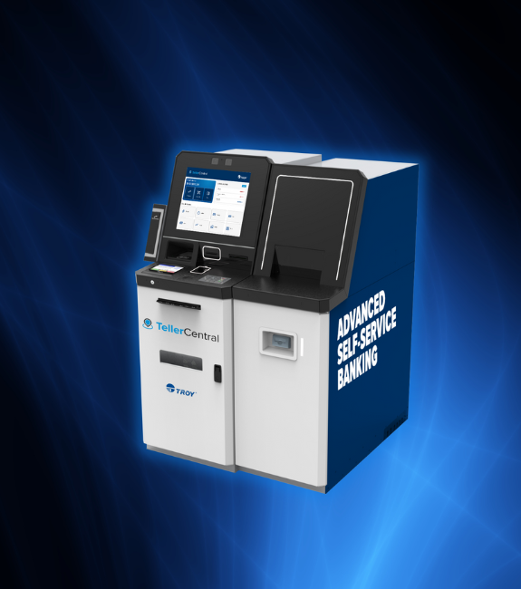 Máquina Rototype TellerCentral com fundo de ondas azuis escuras