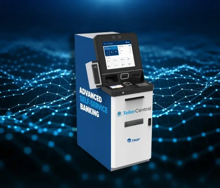 Máquina de auto-atendimento TellerCentral na frente das ondas da tecnologia azul