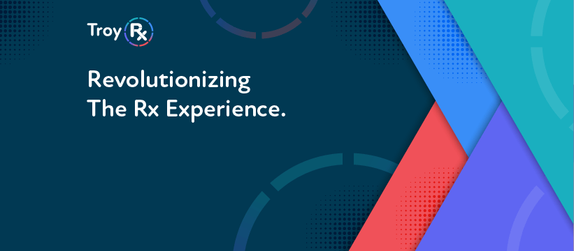 Um gráfico azul colorido, com a marca do TROY Group, que diz "TroyRx: Revolucionando a experiência Rx". A TroyRx é um fornecedor de soluções de prescrição que oferece até 80% de desconto nos custos de prescrição utilizando o seu programa de cartões de desconto de prescrição. 