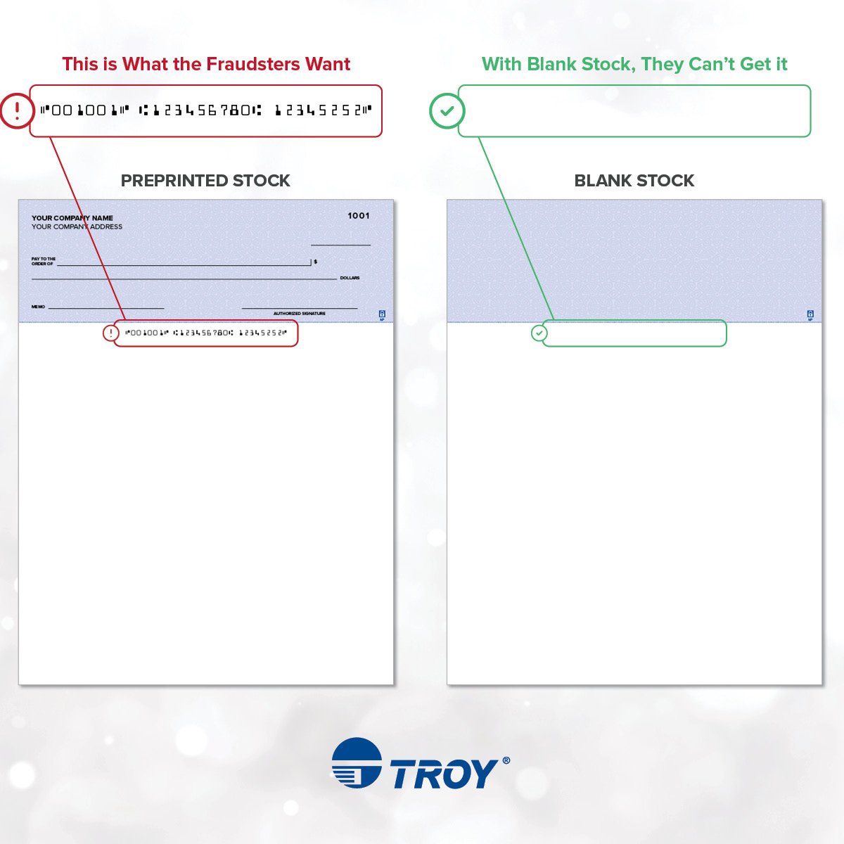 Infografia que mostra a diferença entre cheques pré-impressos e cheques em branco 